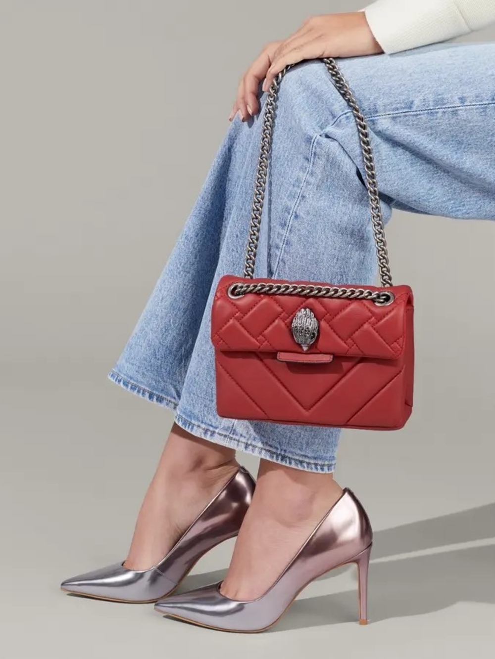 Kurt Geiger Quilted Red Shoulder Bag with Silver Chain Strap